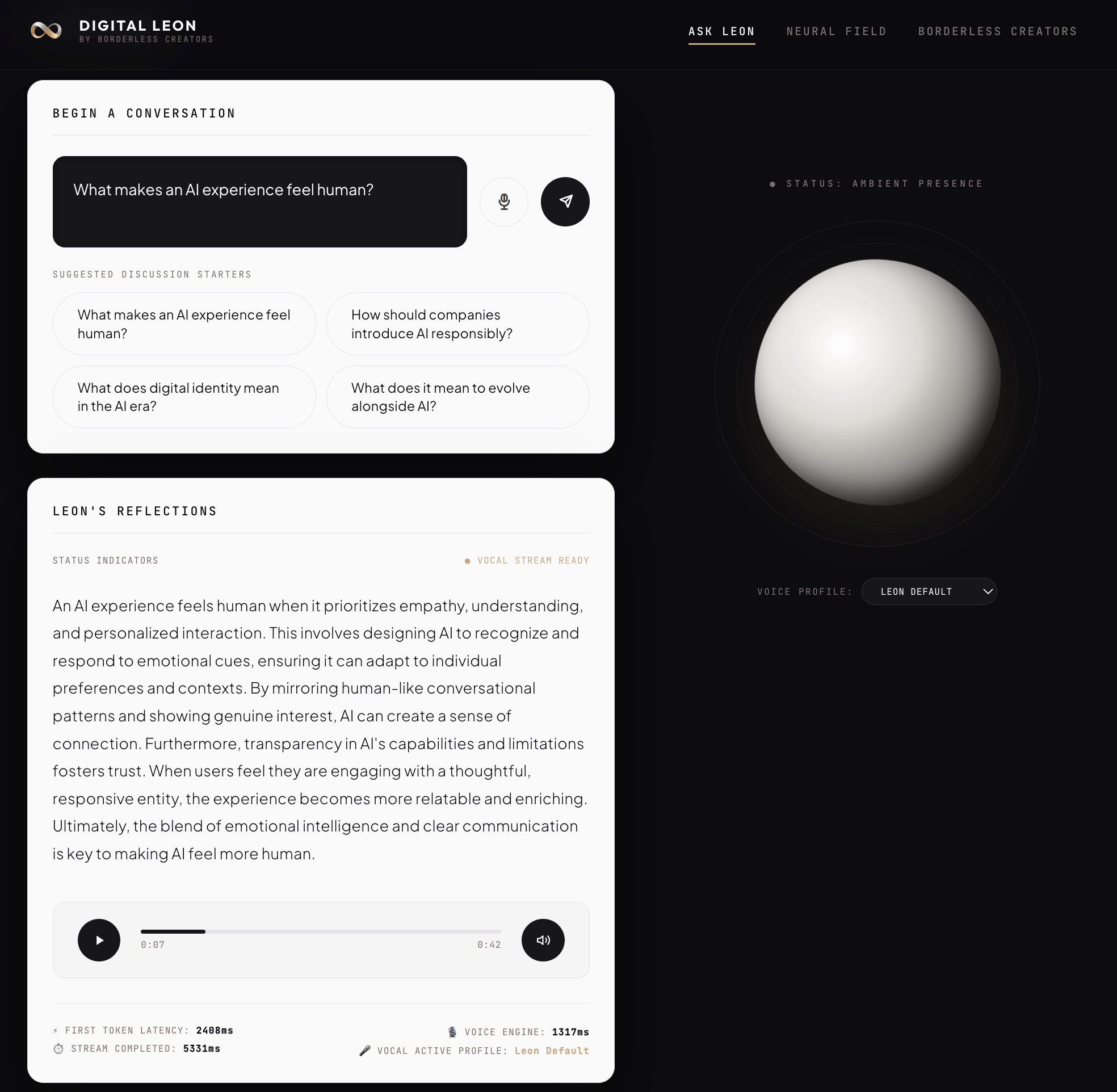The Ask Leon interface, showing a question, suggested discussion starters, and a panel where Digital Leon responds in voice.