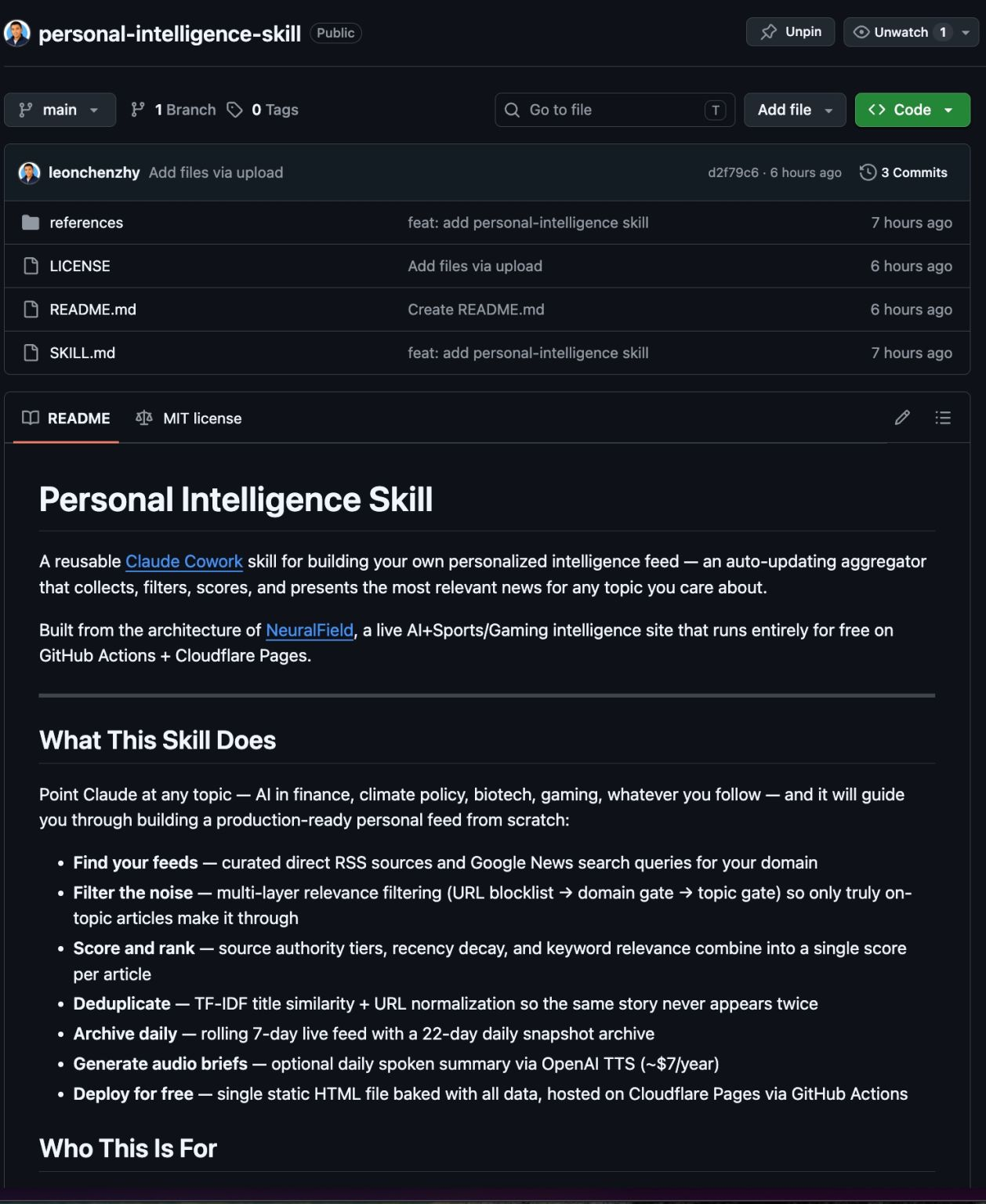 Screenshot of the Personal Intelligence Skill repository on GitHub.